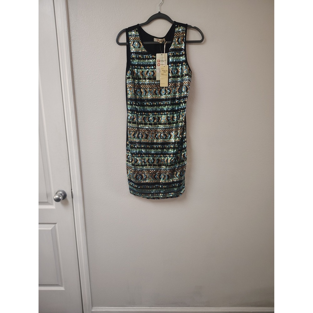 Aryeh Womens Sequin Geometric Mini Dress Black Teal Gold Sleeveless Medium NEW